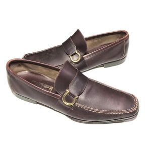 Salvatore Ferragamo Gancini Ornament Leather Loafers Shoes 9.5D Brown Slip On